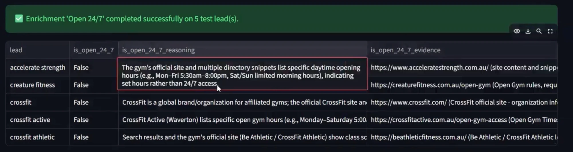 Enrichment results showing a true or false open-24/7 verdict, the reasoning, and a source link for each gym.